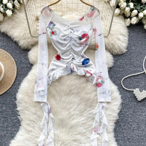 Load image into Gallery viewer, Vintage 2024 Autumn New Fashion Print Ruffle Edge Mesh Tops Korean Women's V Neck Slim Long Sleeved Asymmetrical Pleated T-shirt
