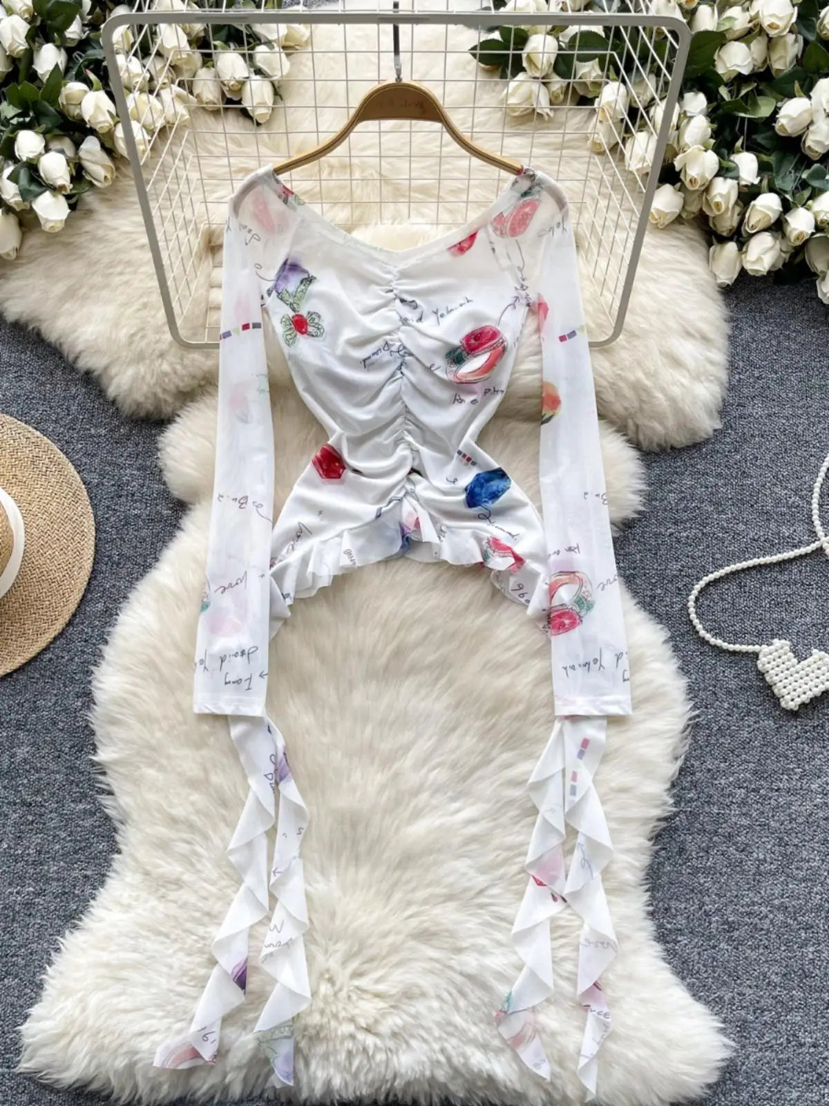 Vintage 2024 Autumn New Fashion Print Ruffle Edge Mesh Tops Korean Women's V Neck Slim Long Sleeved Asymmetrical Pleated T-shirt