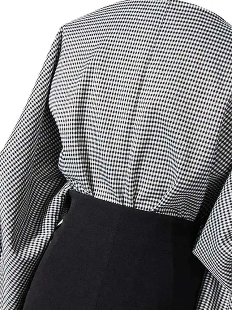 Women Black Plaid Irregular Stitch Big Size Dress New V-Neck Long Sleeve Loose Fit Fashion Tide Spring Autumn 2025 JG892