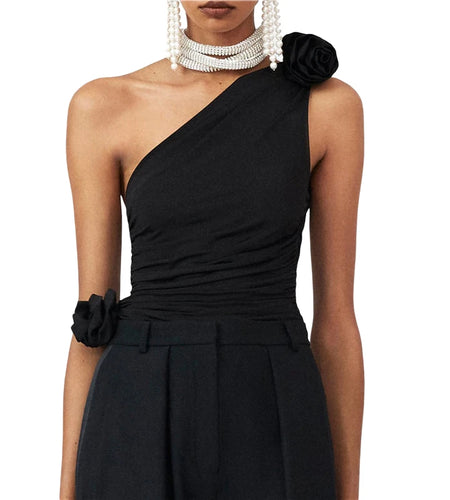 3D Floral Top y2k Aesthetic Women Solid Color One Shoulder Sleeveless Ruched Vest 2000s Fairy Grunge Clothes Streetwear