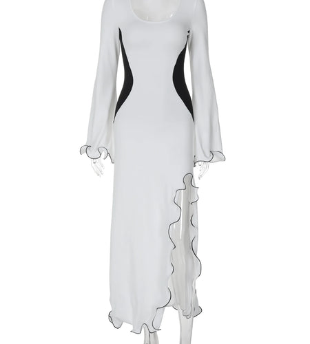Matching Color Long Sleeve Ruffles Slit Sexy Slim Maxi Prom Dress Fall Women Fashion Outfits Streetwear Party Festival
