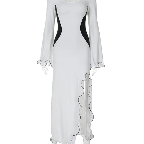 Load image into Gallery viewer, Matching Color Long Sleeve Ruffles Slit Sexy Slim Maxi Prom Dress Fall Women Fashion Outfits Streetwear Party Festival
