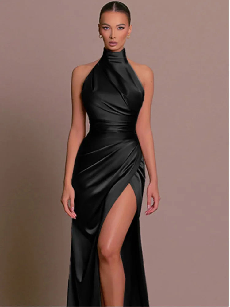 Satin Hanging Collar Sleeveless Split Slim Fit Dress Women Slim 2024 Summer New Long Dress Elegant Party Evening Dress