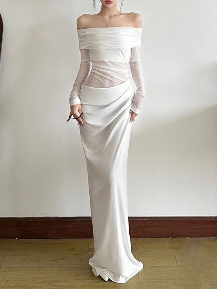 Elegant Mesh Patchwork One Shoulder Dress For Women 2025 New Women Sexy Mesh Perspective Long Dress Party Evening Dress