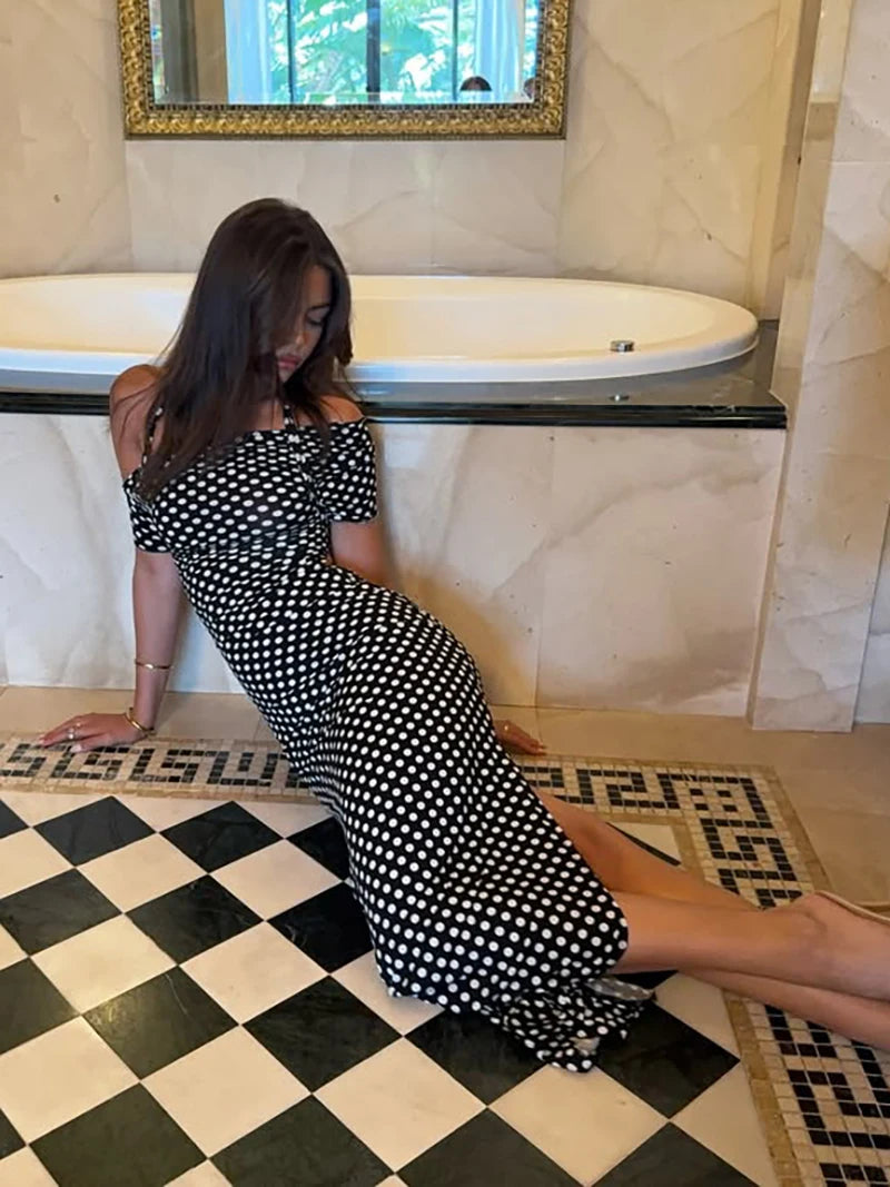 Off-shoulder Polka Dot Maxi Dress For Women Gown Fashion Halter Sleeveless Backless bodycon Split Long Dress Elegant