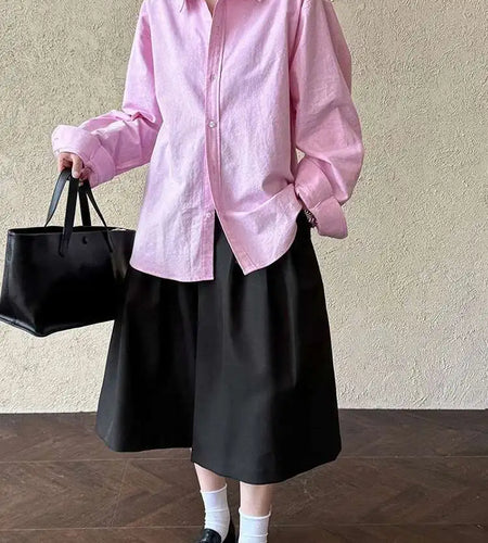 Women White Brief Plain Color Big Size Casual Blouse New Lapel Long Sleeve Shirt Fashion Tide Spring Autumn 2025 1DJ0744