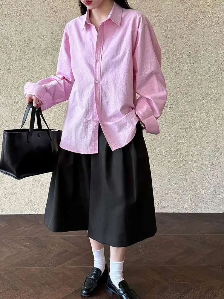 Women White Brief Plain Color Big Size Casual Blouse New Lapel Long Sleeve Shirt Fashion Tide Spring Autumn 2025 1DJ0744
