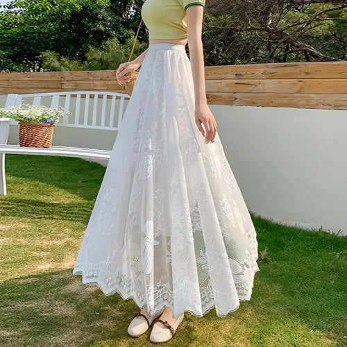 Load image into Gallery viewer, Spring Summer French Retro Solid Lace Slim Irregular Long Skirt Women High Waist Elegant Party Pleated Skirt Fashion Streetwear
