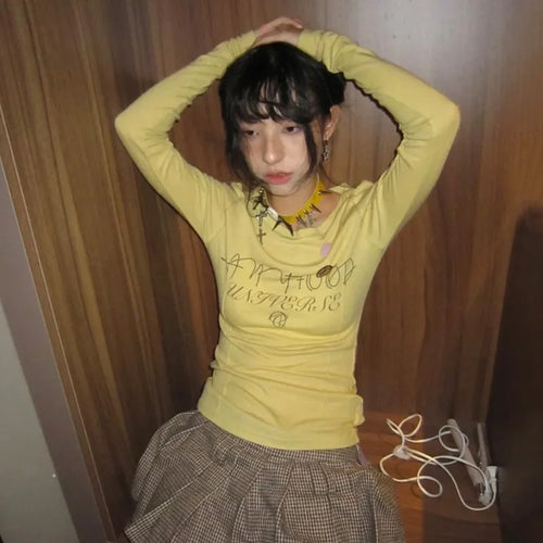 Load image into Gallery viewer, Y2k Aesthetics Yellow T-shirt 2000s Japanese Harajuku Tee Shirt Grunge Letter Print Long Sleeve Tshirt E-girl Streetwear
