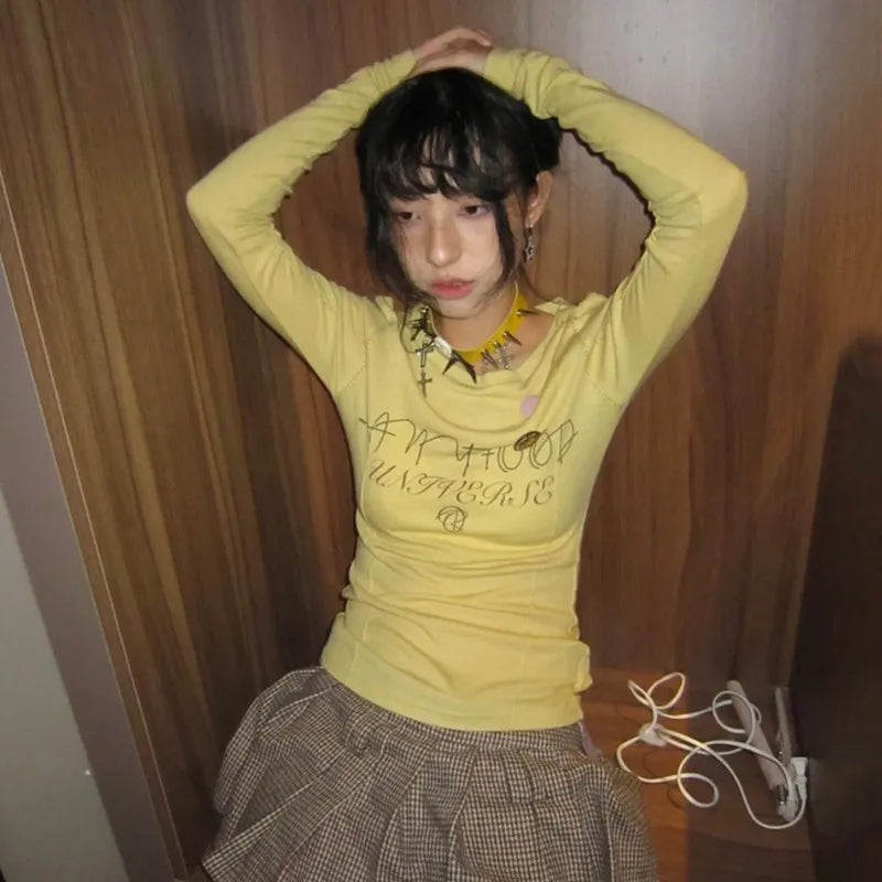 Y2k Aesthetics Yellow T-shirt 2000s Japanese Harajuku Tee Shirt Grunge Letter Print Long Sleeve Tshirt E-girl Streetwear