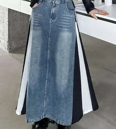 High Elastic Waist Blue Denim Color-block Midi A-line Half-body Skirt Women Fashion Tide New Spring Autumn 2025 1DH0646