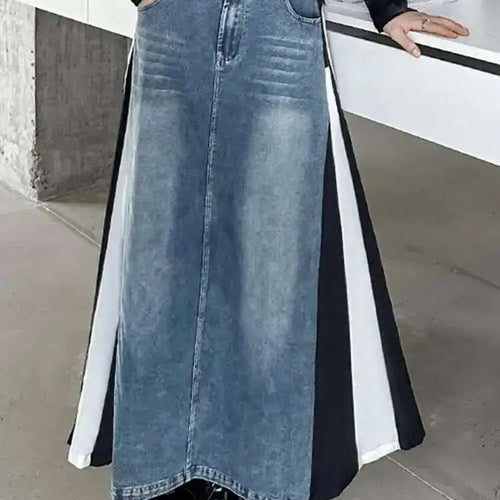 Load image into Gallery viewer, High Elastic Waist Blue Denim Color-block Midi A-line Half-body Skirt Women Fashion Tide New Spring Autumn 2025 1DH0646
