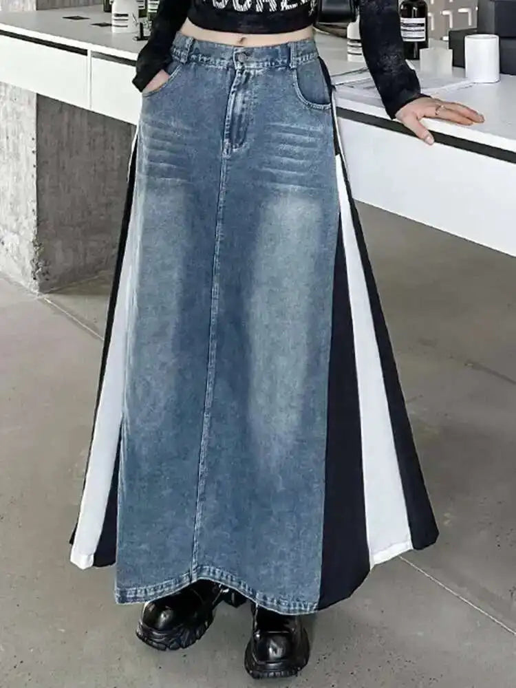 High Elastic Waist Blue Denim Color-block Midi A-line Half-body Skirt Women Fashion Tide New Spring Autumn 2025 1DH0646