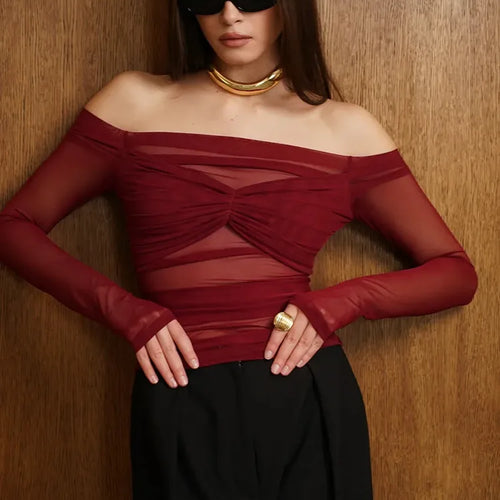 Load image into Gallery viewer, Summer Mesh Off-shoulder T-shirt Women Fashion Pleated Bust Backless Tees Tops Female Elegant Strapless See Through Top
