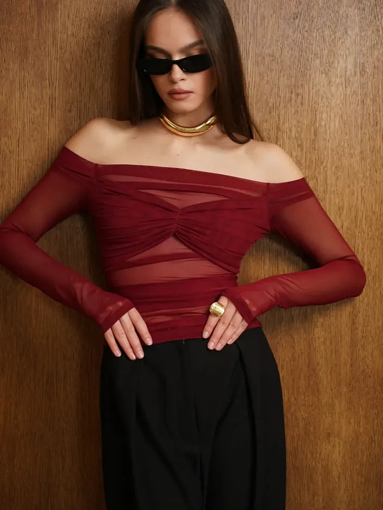 Summer Mesh Off-shoulder T-shirt Women Fashion Pleated Bust Backless Tees Tops Female Elegant Strapless See Through Top