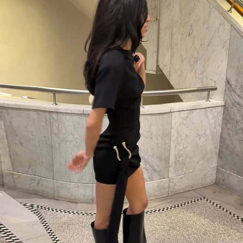 Load image into Gallery viewer, Short Sleeve Draped Sexy Mini Dress For Women Black Metal Buckle O Neck High Waist Bodycon Club Dress Vestido Clothes
