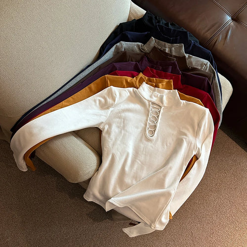 Load image into Gallery viewer, Autumn Winter Elegant Half High Collar Hollow Out Short T Shirt Women New Long Sleeved Slim Tops 2024 Korean Simplicity Clothing
