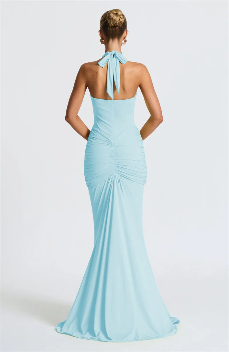 Deep V Neck Backless Ruched Sexy Maxi Dress Women Gown Summer Halter Sleeveless Draped Club Party Long Dress 2025