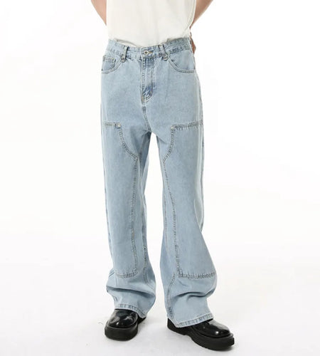 Men's Denim Pants New Summer Korean Line Design Straight Leg Style Washed Loose Spliced Male Trousers Fashion 9W1689