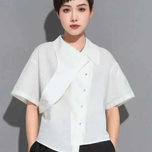 Load image into Gallery viewer, Women Black Irregular Big Size Casual Blouse New Lapel Short Sleeve Loose Fit Shirt Fashion Spring Summer 2025 1DE8726
