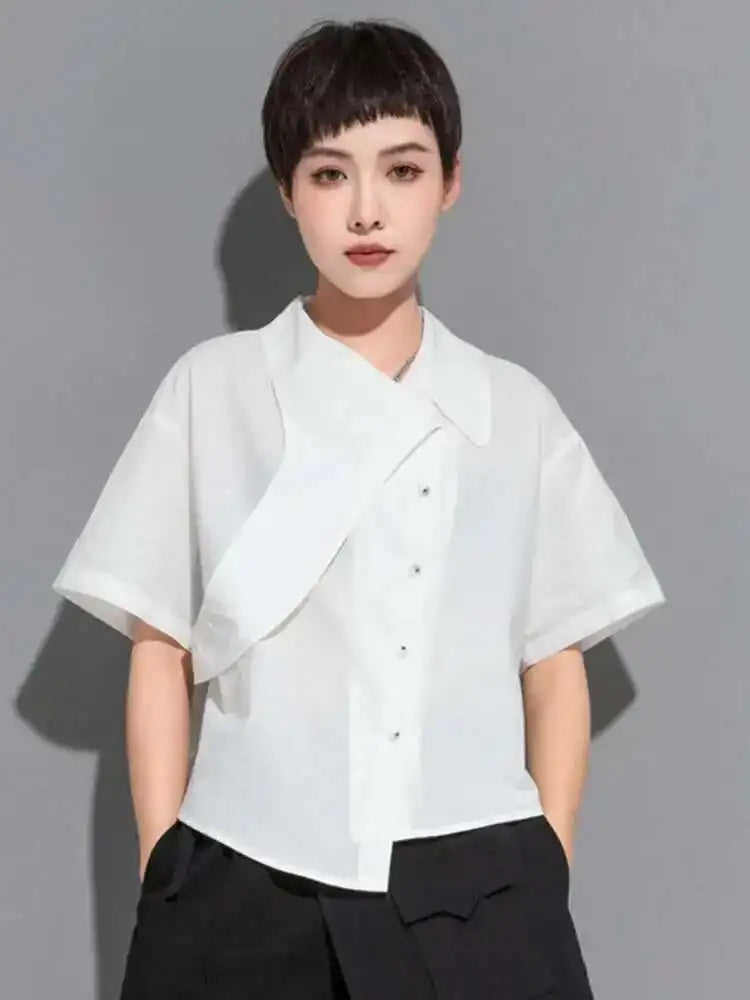 Women Black Irregular Big Size Casual Blouse New Lapel Short Sleeve Loose Fit Shirt Fashion Spring Summer 2025 1DE8726