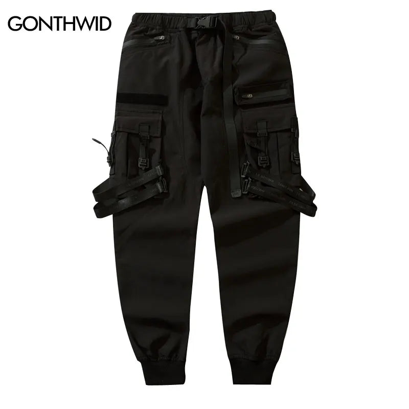 Men Cargo Harem Pants Streetwear Hip Hop Size Ribbon Multi-Pockets Baggy Joggers Autumn Harajuku Casual Loose Trousers Black