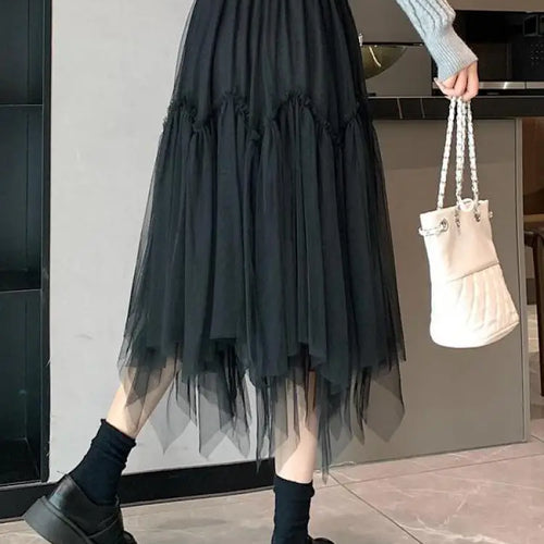 Load image into Gallery viewer, Vintage Autumn White Elegant Pleated Irregular Long Skirt For Women's Black High Waist A-line Mesh Skirts 2024 Versatile Popular
