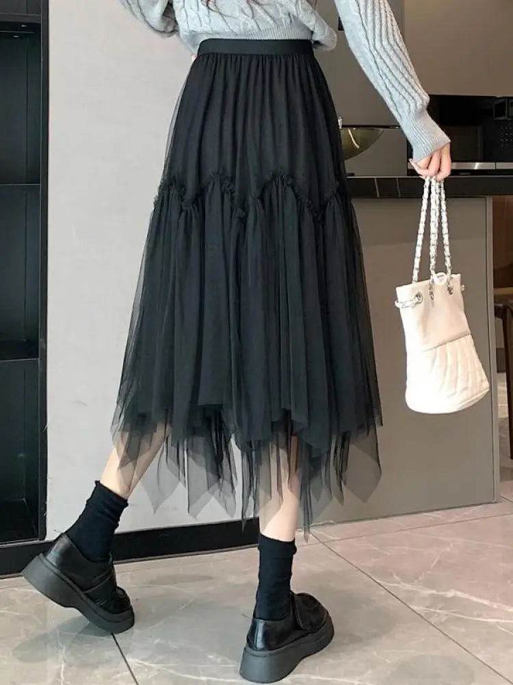 Vintage Autumn White Elegant Pleated Irregular Long Skirt For Women's Black High Waist A-line Mesh Skirts 2024 Versatile Popular
