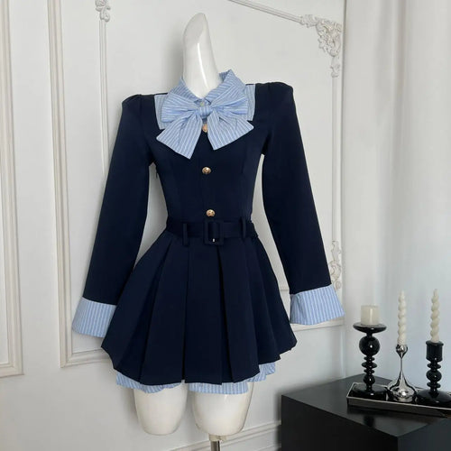 Load image into Gallery viewer, Autumn Vintage Blue Stripe Patchwork Elegant Long Sleeve Mini Dress Women College Style Button Pleated Short Dress Fashion Trend
