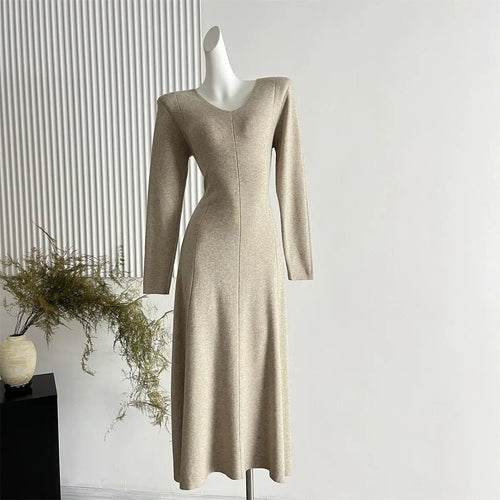 Load image into Gallery viewer, French Women's Autumn Winter Elegant Slim Knitted Sweater Dress Solid V-neck Long Sleeved Office Dress Fashion Simplicity Trendy
