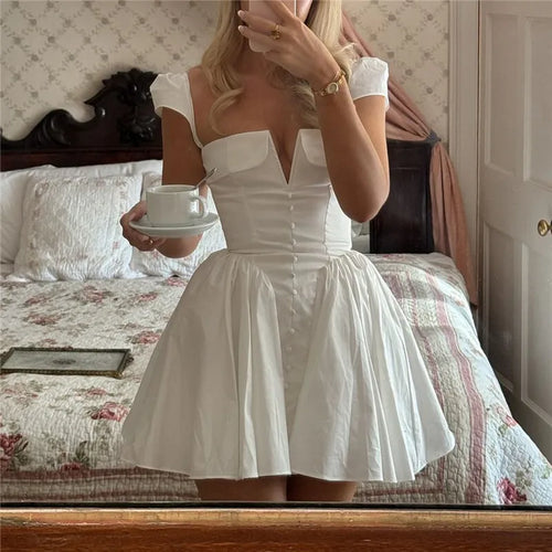 Load image into Gallery viewer, White Backless Sexy Mini Dress For Women Fashion Square Collar Short Sleeve High Waist A-line Club Party Sexy Dress
