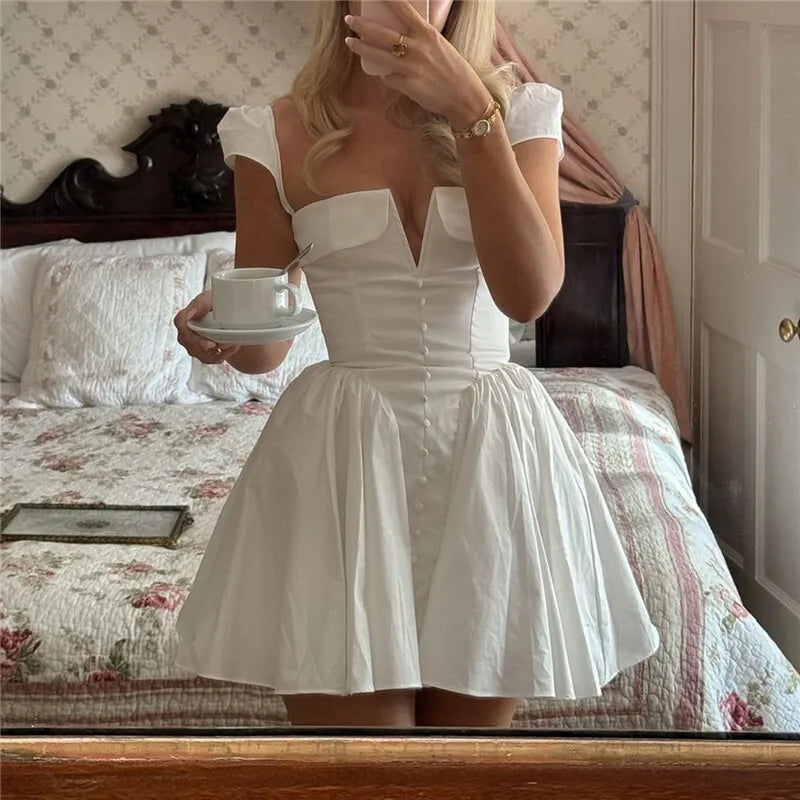 White Backless Sexy Mini Dress For Women Fashion Square Collar Short Sleeve High Waist A-line Club Party Sexy Dress