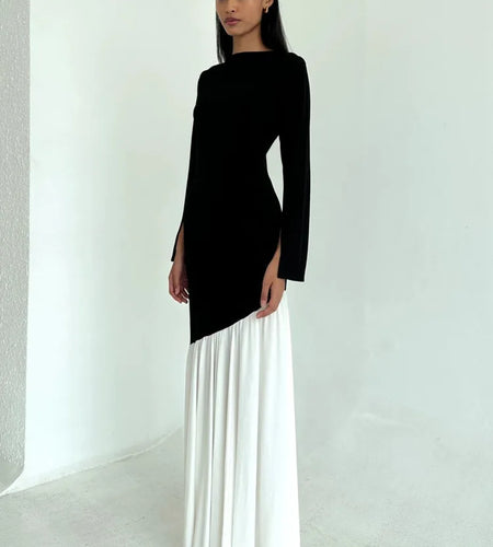 Fashion Long Sleeved Patchwork Bodycon Women Dress Round Neck Slim Elastic Autumn Winter New 2024 Pleated Maxi Vestido