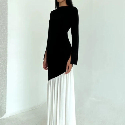 Load image into Gallery viewer, Fashion Long Sleeved Patchwork Bodycon Women Dress Round Neck Slim Elastic Autumn Winter New 2024 Pleated Maxi Vestido
