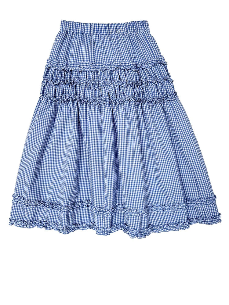 High Elastic Waist Blue Plaid Ruffles Elegant A-line Half-body Skirt Women Fashion Tide New Spring Autumn 2025 1DJ1023