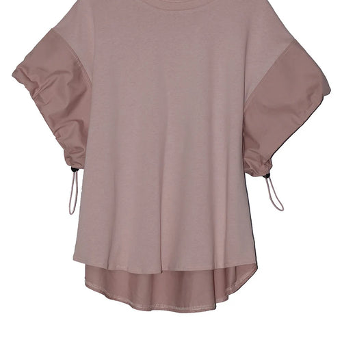 Load image into Gallery viewer, Women Black Drawstring Big Size Casual T-shirt New Round Neck Short Sleeve Fashion Tide Spring Summer 2025 1DJ1889
