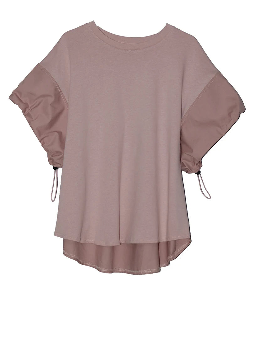 Women Black Drawstring Big Size Casual T-shirt New Round Neck Short Sleeve Fashion Tide Spring Summer 2025 1DJ1889