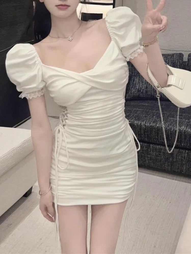 Sexy Bandage Lace Bodycon Dress Whtie Puff Sleeve Wrap Short Dresses Summer Sundress Korean Fashion Kpop