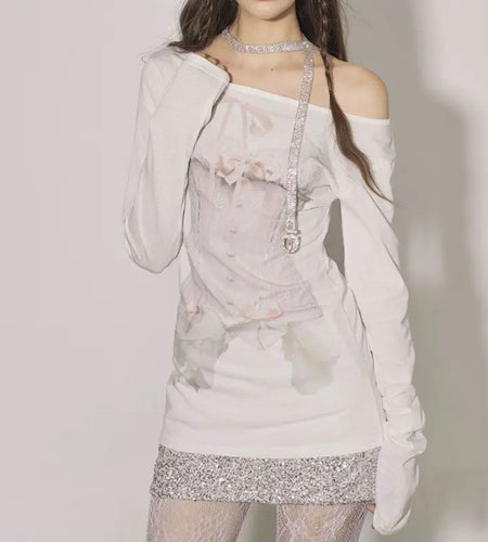 T Shirts Women's Clothing Chic Korean Camisetas Y2k Tops Long Sleeve Slash Neck Print Tees Casual Off Shoulder Sexy Tshirts