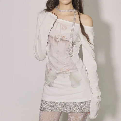 Load image into Gallery viewer, T Shirts Women's Clothing Chic Korean Camisetas Y2k Tops Long Sleeve Slash Neck Print Tees Casual Off Shoulder Sexy Tshirts
