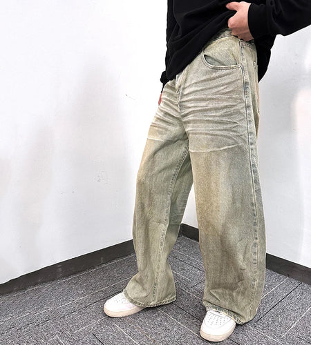 Men's Jeans New Casual Pants Curved Knife Style Washed Straight Wide Leg Trendy Worn-out Personaility Male Clothing 9W1858