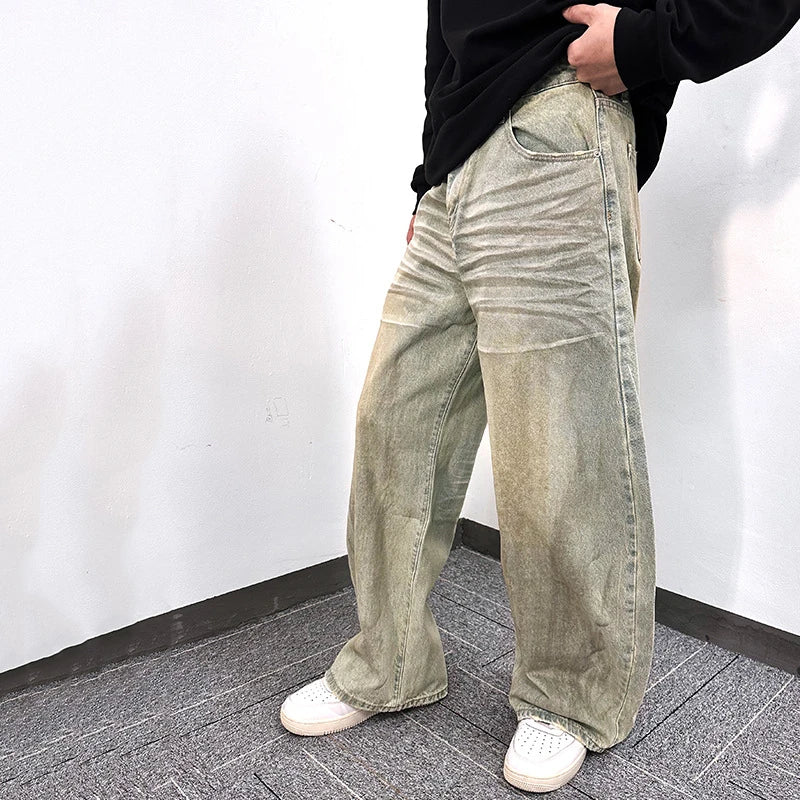 Men's Jeans New Casual Pants Curved Knife Style Washed Straight Wide Leg Trendy Worn-out Personaility Male Clothing 9W1858