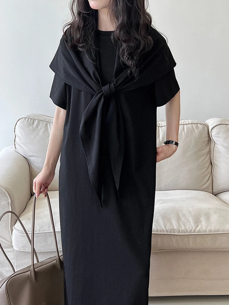 Women White Bandage Irregular Big Size Midi Dress New Round Neck Short Sleeve Fashion Tide Spring Summer 2025 1DJ1263