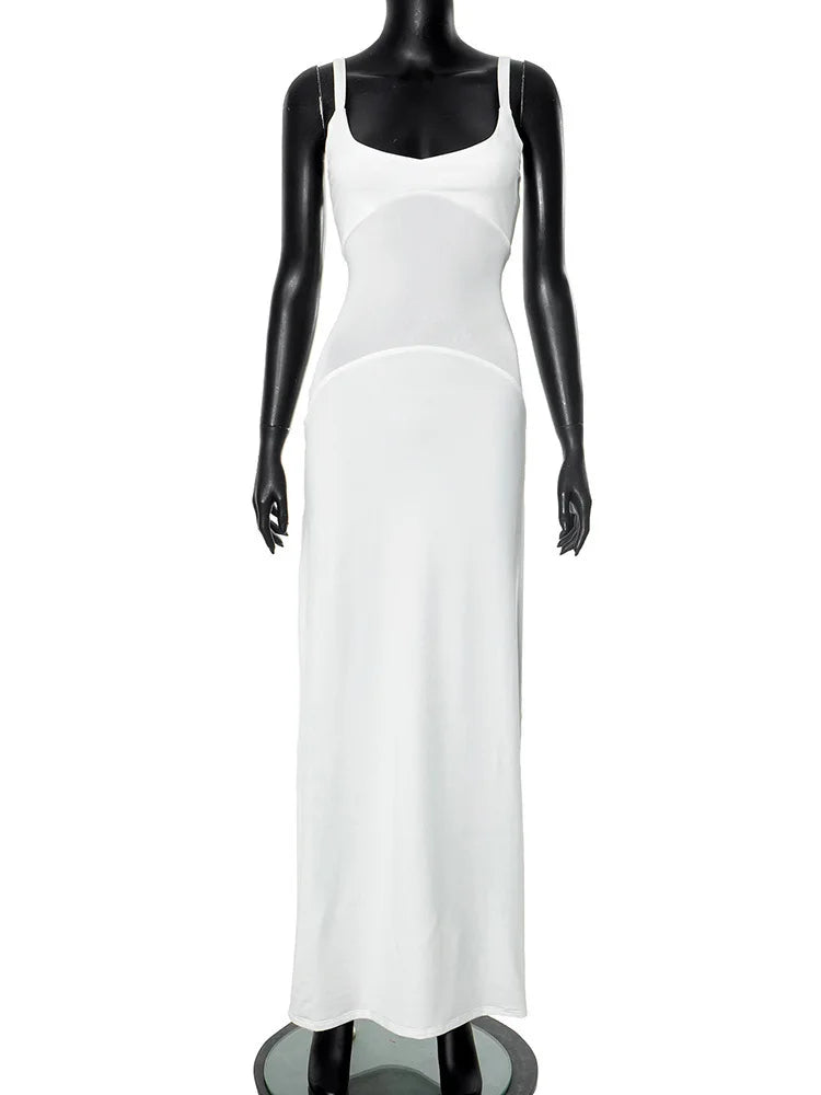 Mesh Patchwork Sexy Maxi Dress For Women Gown Spaghetti Strap Sleeveless Backless Bodycon Elegant Club Long Dress