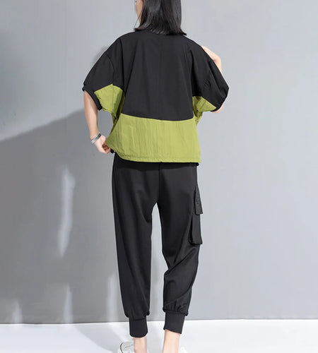 Women Green Color-block Drawstring Big Size T-shirt New Round Neck Half Sleeve Fashion Tide Spring Summer 2025 1DH9830