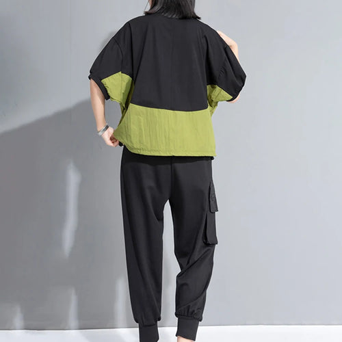 Load image into Gallery viewer, Women Green Color-block Drawstring Big Size T-shirt New Round Neck Half Sleeve Fashion Tide Spring Summer 2025 1DH9830
