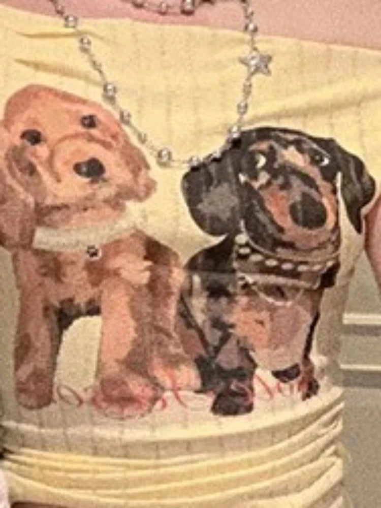 Women Harajuku Cartoon Printing Tops Y2k Aesthetic Sexy Slash Neck Fairy Tees Summer Slim Fit Streetwear Grunge Cropped Tshirts