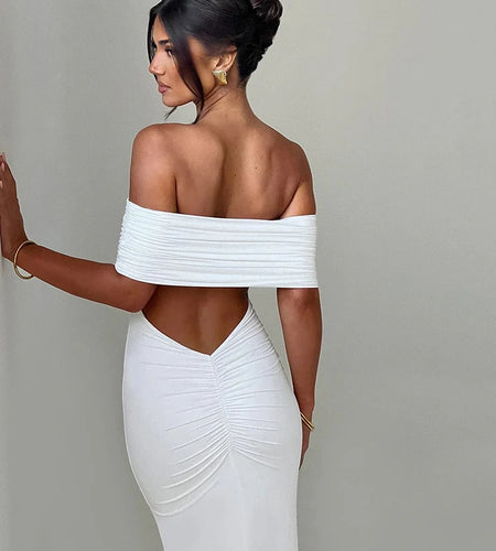 Elegant One Shoulder Backless Elastic Tight Evening Dress Women's Sexy Sleeveless Slim Max Female Vestidos Partywear