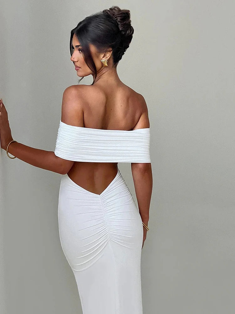 Elegant One Shoulder Backless Elastic Tight Evening Dress Women's Sexy Sleeveless Slim Max Female Vestidos Partywear