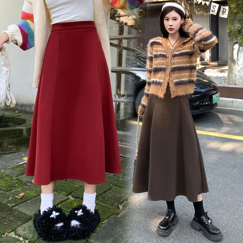 Load image into Gallery viewer, Black Woolen Long Skirt Women Autumn Winter Brown Vintage Elegant Female A Line High Waist Red Umbrella Skirt Thick Fashion
